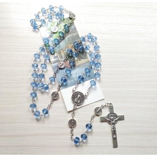Religious Blue Crystal Benedict Rosary Catholic Cross Jesus Christ Supplies Men and Women Pendant Necklace