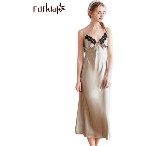 Fdfklak High-grade new silk nightgown women sleepwear night gown lace sexy long nightdress female nightwear nightshirt dress