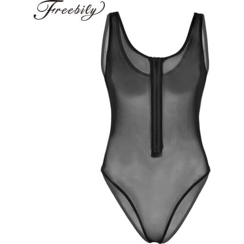 Sexy Women One-piece See Through Sheer Mesh Underwear Nightwear Sleeveless Front Zippered High Cut Teddy Babydoll Bodysuit