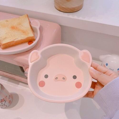 Cute Japanese cartoon bowls student children pig-shaped plate fruit plate eating bowl pink piggy cup