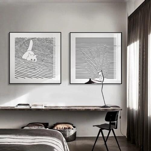Modern Black White Stripes Cats Canvas Poster Print Nordic Unique Decor Animal Wall Art Pictures for Living Room Home Decor