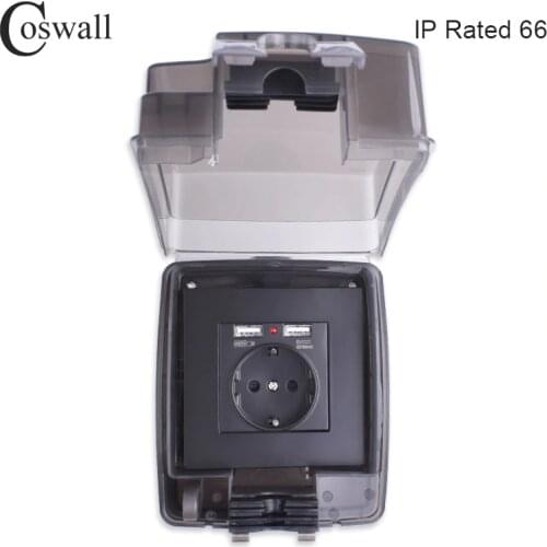 Coswall IP66 Weatherproof Waterproof Outdoor BOX Wall Socket 16A EU Outlet With Dual USB Charging Port External Installation