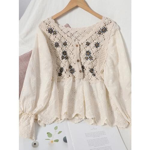 Sexy Hollow Out Blouse For Women Autumn Elegant V-neck Single-breasted Patchwork Shirt Female Flare Long Sleeve Beige/White Tops