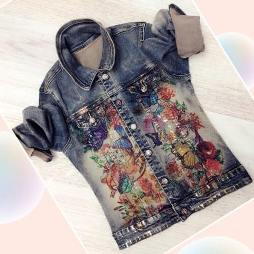 Plus size 3XL Women denim Coats 2020 New Boyfriend Style Printed Casual Vintage long sleeve slim jeans jacket