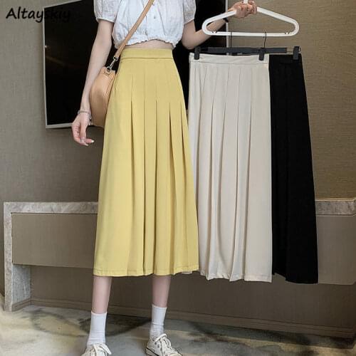 Pleated Skirts Women Korean Style Pure Simple Leisure Empire Elastic Waist All-match Sweet Streetwear Ulzzang Female Aesthetic