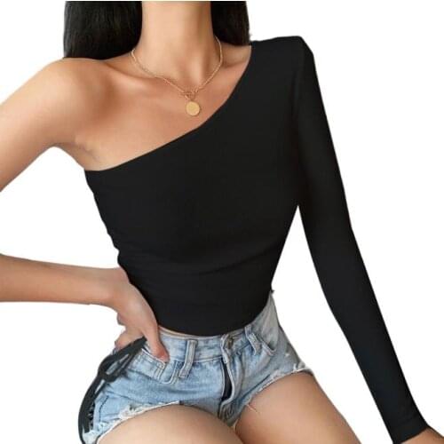 Summer Women One Shoulder Knitted Crops cotton T-Shirts Tops Sexy Long Sleeve Side Drawstring Slim Fit Rib Knit Tee Shirt