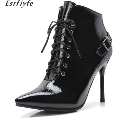 ESRFIYFE 2020 New Black Patent Leather Pointed Toe Lace Up Women High Heels Boots Autumn Winter Black Ankle Boots Shoes Women