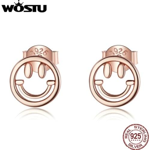 Wostu Stud Earrings Real 925 Sterling Silver Smile Face Earrings for Women Statement Fine Jewelry Brinco Bijoux DXE1106
