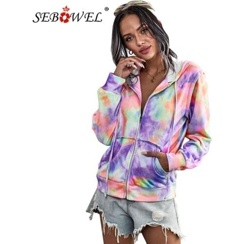 SEBOWEL Neon Tie-dye Print Pocket Zip Up Hoodie Cardigan Jackets for Women Long Sleeve Hooded Top Autumn Spring Outerwear Coats