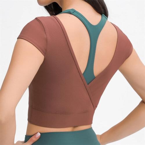 Nepoagym Women Workout Crop Tops Criss Cross Strappy Back Short Sleeve Ribbon Fabric Sports Top