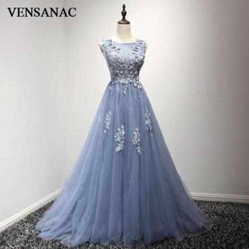 VENSANAC 2017 New A Line Lace Appliques O Neck Long Evening Dresses Sleeveless Elegant Beadings Tank Party Prom Gowns