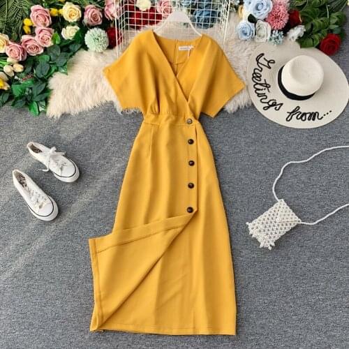 Vintage Women Long Dresses 2021 Summer V-Neck Short Sleeve Single-Breasted Slim Waist Split Vestidos Ladies Elegant Dress G1093