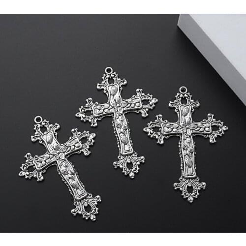5pcs Silver Color 74x53mm Large Cross With Flower Charms Religion Faith Pendant Fit DIY Handmade Jewelry Making Finding Supplies