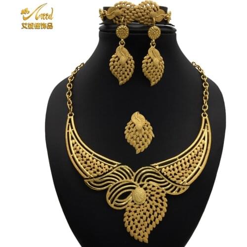 Necklace Sets For Women Indian Jewelery Set African Gold Earrings Rings Bracelet Bridal Wedding Bridesmaid Gift Accessories 4pcs