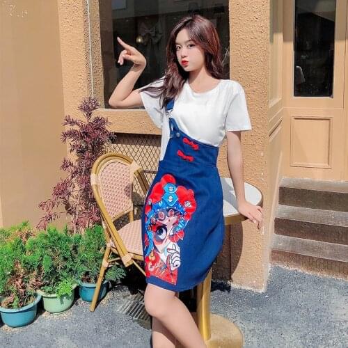 Irregular Suspender Skirt Chinese Style Print Retro Buckle Pocket Skirt + White T-shirt 2 Two Piece Women Plus Size Clothes Set