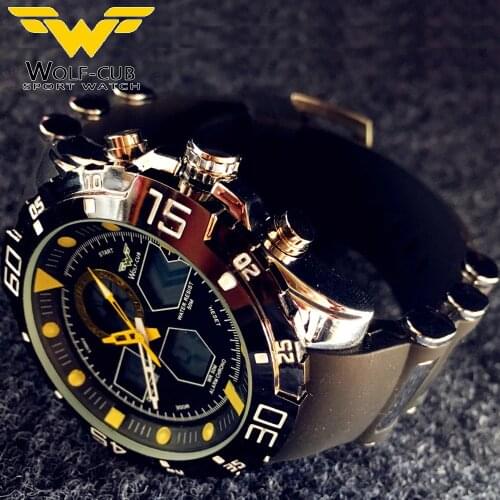 Sport Watch Brand Auto Date Day LED Alarm Black Blue Silicone Band Analog Quartz Military Men Digital Watches WOLF-CUB 6 color