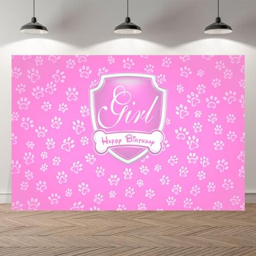 Seekpro Pink Girl Happy Birthday Photocall Photo Backdrop Banner Dogs Paw Shield Bone Photography Studio Backgrounds Customize
