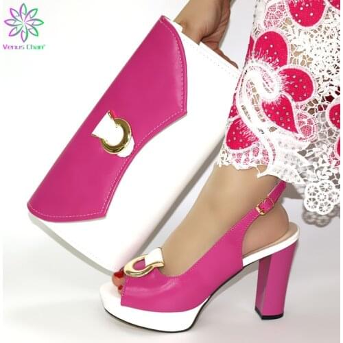 2020 Italian Women Shoes and Bag Set Peep Toe Nigerian Lady Shoes Matching Hand Bag in fuchsia Color for Party with Crystal