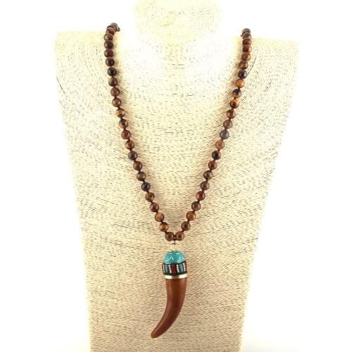 MOODPC Fashion Bohemian Tribal Jewelry Brown Stones Long Knotted Brown Ox Horn Pendant Necklaces Women Ethnic Necklace