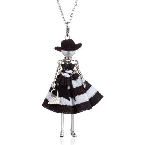 Black White Striped Long Bowtie Dress Dancing Doll Pendant Necklace For Women Black Hat Long Chain Statement Collares Kolye