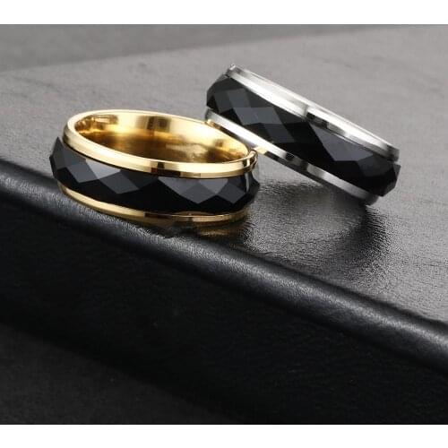 Rotatable Inlay Black Rhinestone Crystal Finger Rings Punk Gold Silver Color Stainless Steel Wedding Band Ring Jewelry