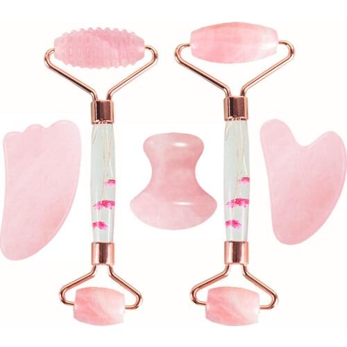 Rose Quartz Facial Massager Eternal Flower Roller Face Gouache Scraper Jade Massage Roller Gua Sha Gouache Massage Set Skin Care