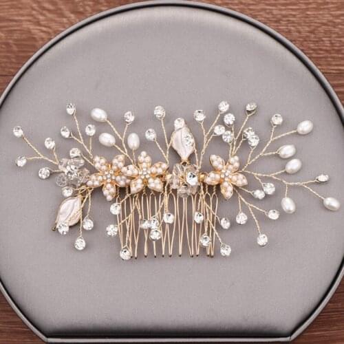 Wedding Hair Accessories Handmade Bridal Hair Comb Headpiece Rhinestone Pearl Flower Gold Headband Hair Comb head Ornaments