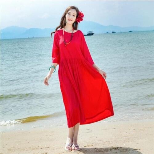 Thin Cotton and Linen Loose Casual Dress Solid Three Quarter Sleeves O-Neck Vacation Dress Vestido Plus Size Dress M-7XL