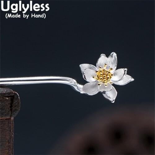 Uglyless Traditional Han Chinese Clothing Dress Hair Sticks Women Elegant Lotus Hair Jewelry 925 Silver Blooming Flowers Bijoux
