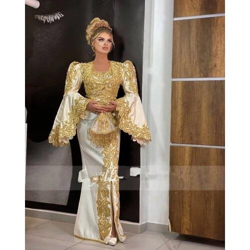 Traditional Kosovo vestidos Formales Arabic Satin Evening Dresses Flared Sleeves Applique Lace Mermaid Prom Dress robe de soiré