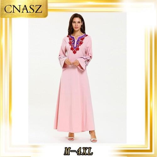 Vetement Femme 2019 Large Size Womens Autumn Arab Muslim Gown Fashion S0imple Embroidered Dress