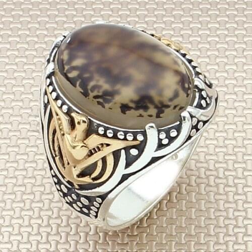 Vintage Oval Yemen Agate Stone Men Silver Ring With Bronz Color Big Heavy Animal Bird Motif Solid 925 Sterling Silver