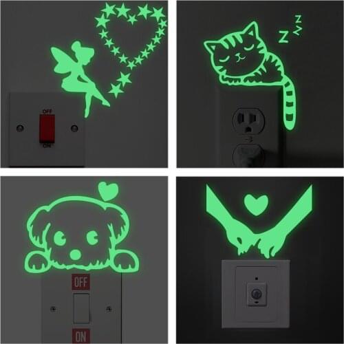 Funny Cat Dog Fairy Car Stars Pattern Switch Stickers Glow In The Dark Pvc Decal Kids Room Home Decoration Diy Luminous Wall Art