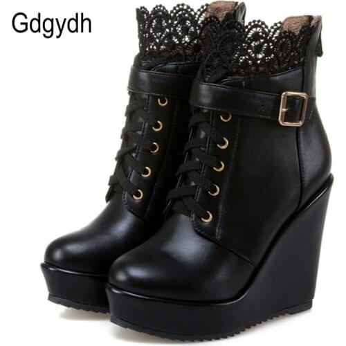 Gdgydh Fashion Lace Black Platform Wedge Ankle Boots For Women Lace Up Bridal Shoes Wedding White Ladies Gothic Punk Shoes Boots