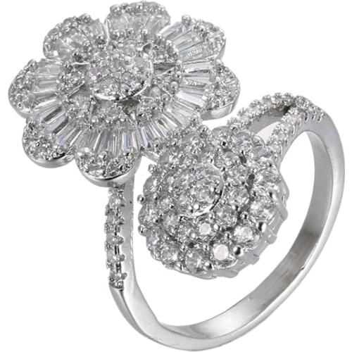 Women Rings Inlaid Zircon Double Flowers Silver Plated Open Rings Fashion Glamour Banquet Engagement Ring Birthday Gift For Girl