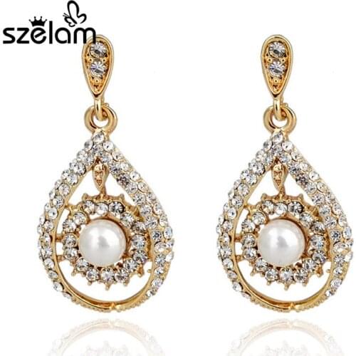 2019 Simulated Pearl Jewelry Women Drop Earrings Gold Silver Earrings Full Austrain Crystal Vintage Wedding Jewelry SER140236