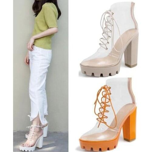 Girls Candy Color White Nude Orange PVC Transparent Pointed Toe Square Heels Platform Short Boots Lace Up Ankle Boots Lady