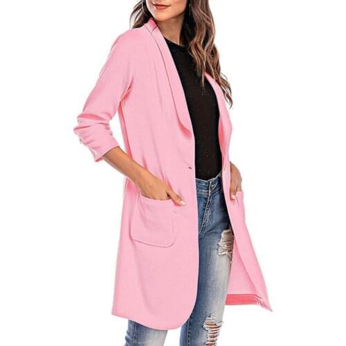 Blazer Office Lady Solid Color Pockets Autumn Winter 3/4 Sleeve One Button Midi Blazer Solid Color Turndown Collar Women Blazer