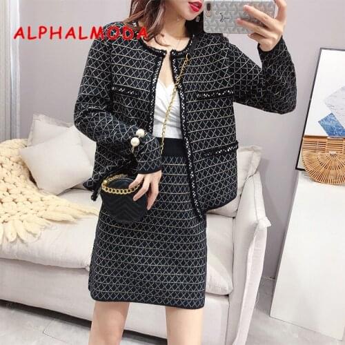 ALPHALMODA Autumn OL Fashion Knitting Cardigans + Pencil Skirt 2pcs Set Round Neck Open Knitting Jacket High Waist Skirt Suit