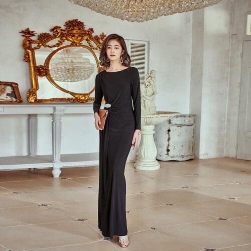 2021 Fashion Black Long Straight Dress Office Lady Beading Evening Clothing O-Neck Women Long Sleeve Runway Dress