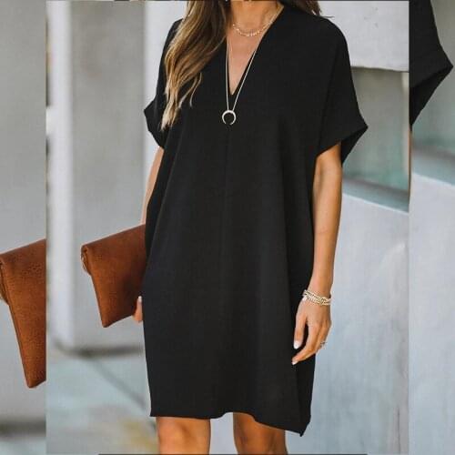 Women T-Shirt Dress V-Neck Summer Mini Dress Short Sleeve Ladies Casual Sexy Clothing Solid Color Elegant Fashion Loose Sexy