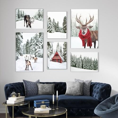 Winter Wonderland Poster Christmas Style Wall Art Canvas Painting Reindeer Print Landscape Nordic Wall Picture Living Room Decor
