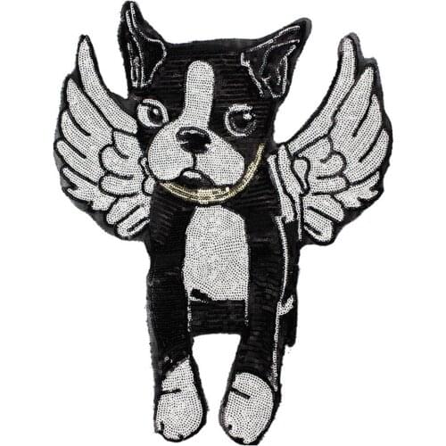 1PCS Animal Patch Dog Bulldog Angel Wings Embroidered Sew On Patches For Clothes Badge DIY Sequin Applique For T-shirt Stickers
