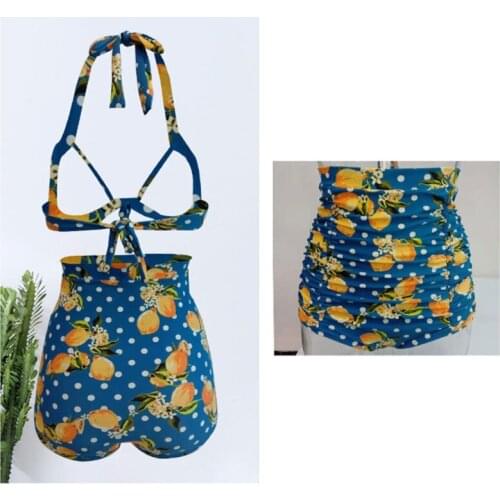 2 PCS Sexy Swimwear European And American Large Size Swimsuit Split Bikini High Waist Slim Belly Retro Wave Point Pattern Fat