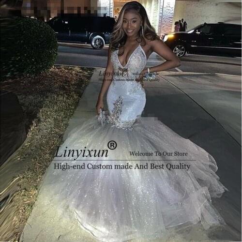 2020 Sparkly Silver Sexy V-Neck Mermaid Prom Dresses Reflective Spaghetti Straps African Long Formal Evening Gowns Custom Made