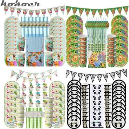 49/81pcs Safari Party Tableware Set Birthday Party Decoration Kids panda dinosaur theme party Animal Jungle Party Decor Supplies