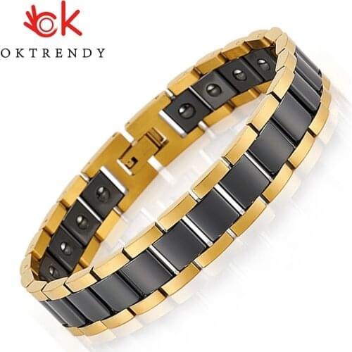 Oktrendy Man Ceramic Germanium Therapy Bracelet with Magnet Healthy Hand Chain Male Jewelry Bio Energy Gold Plate Bangle