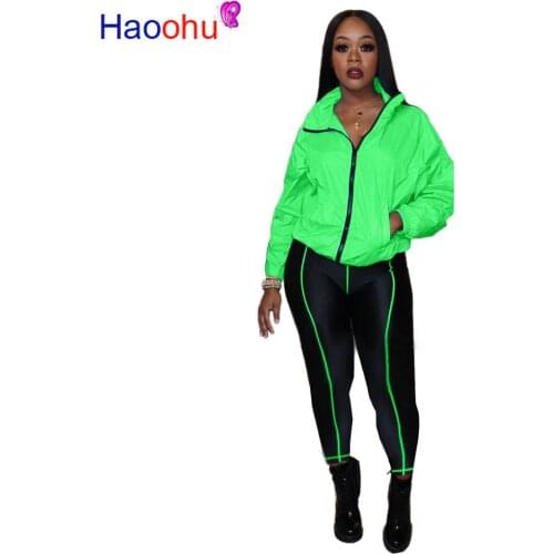 Fluorescent Green Women Tracksuit Athleisure Two Piece Set Stand Collar Long Sleeve Jacket Coat Skinny Pants Sportswear