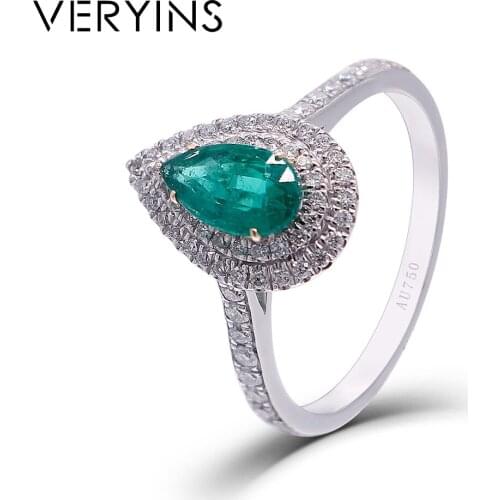 Veryins 18k 750 White Gold Pear Shaped Natural Emerald Double Halo Party Ring for Women Gift