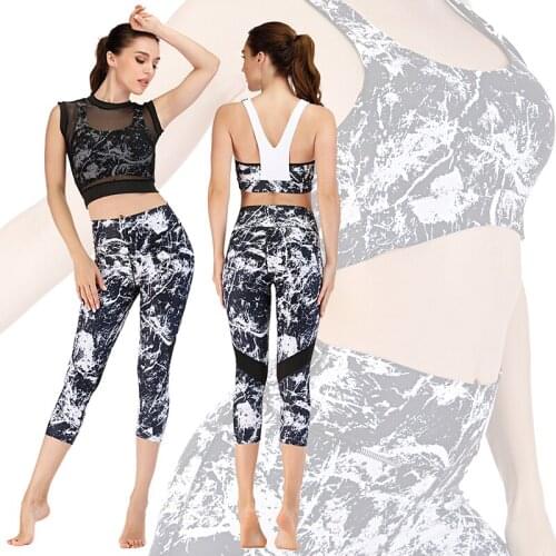Yoga Fitness 3 Piece Set Crop Top Black Lace Mesh Workout Suit Blackless High Waist 3/4 Tracksuit Pants Female Training Gym Set